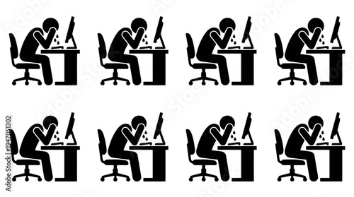 Eight identical stick figures sitting at desks with computers, heads in hands, expressing frustration or despair.