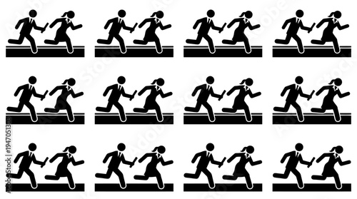A grid of twelve identical black and white pictograms depicting a man and a woman running side-by-side.
