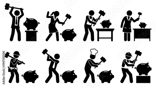 Collection of stick figures in various professions attempting to break piggy banks with hammers.