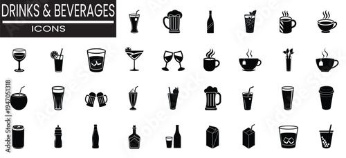 Drink and beverage silhouette icon set featuring juice coffee alcohol and bottle for bar cafe and more vector illustration or editable stroke