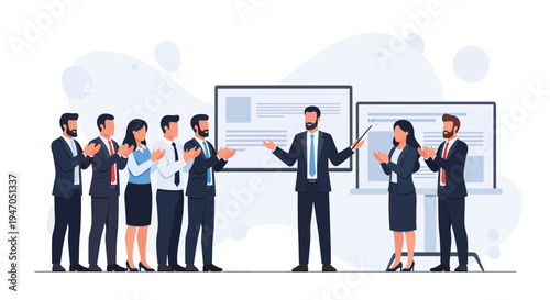 Business meeting, presentation, team applauding speaker at whiteboard