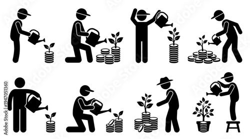 Illustrations of people watering plants growing from stacks of coins, symbolizing financial growth and investment.