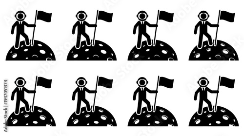 Eight identical black and white illustrations of an astronaut standing on a cratered surface, holding a flag.