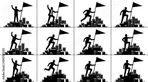 Silhouettes of businessmen climbing a mountain of coins and planting a flag at the summit, symbolizing success and achievement.