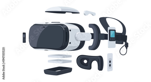 VR Headset Exploded View Illustration: Virtual Reality Gaming & Tech Device Components Disassembled