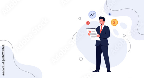 Businessman analyzing financial report with coins and graph icons, business concept