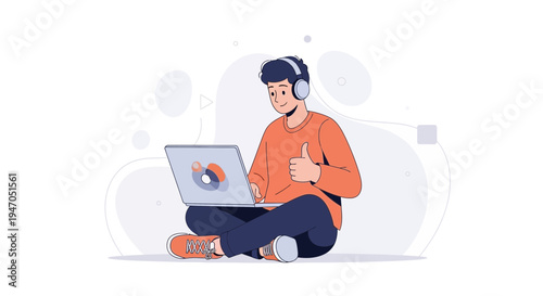 Young man with headphones gives thumbs up while using laptop, online learning concept
