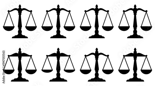 Eight identical black silhouette balance scales arranged in two rows of four against a white background.