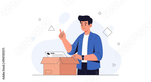 Man Unpacking Cardboard Box, Receiving Package, Delivery Service Concept