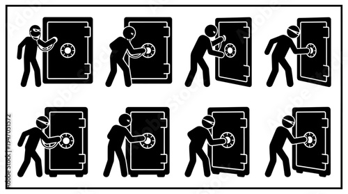 A sequence of stick figures attempting to open a safe, illustrating a process or progression.
