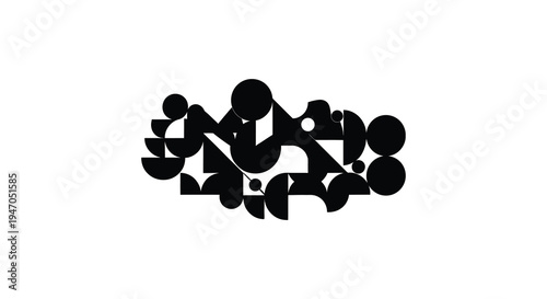 Abstract arrangement of black geometric shapes against a clean white background