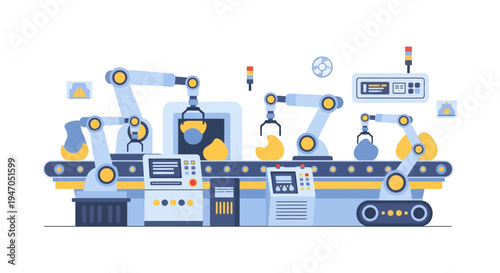 Industrial Automation Process with Robotic Arms on Conveyor Belt. Modern Factory Production Line, Manufacturing Technology & Smart Industry Illustration.