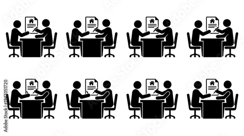 Eight identical stick figure scenes depicting a job interview or meeting with a document and computer.