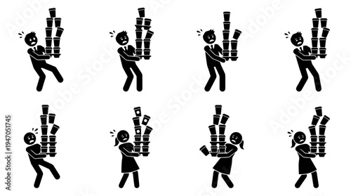 Stick figures demonstrating the act of balancing a tall stack of cylindrical objects.