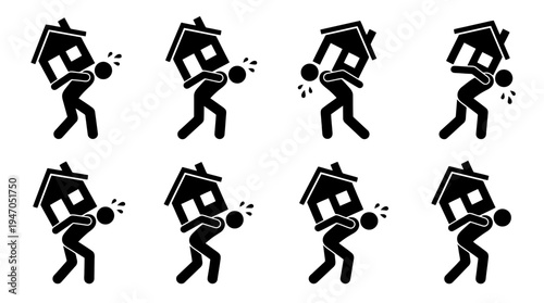 Multiple stick figures struggling to carry houses, symbolizing the burden of homeownership or financial stress.