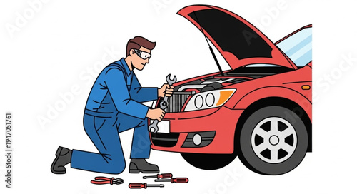 Mechanic fixing car engine problem.