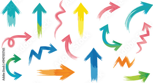 Colorful Hand-Drawn Arrow Icon Set Featuring Various Directions, Curves, and Patterns for Creative and Directional Designs