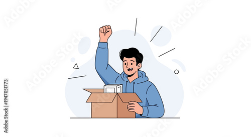 Excited man with fist pump celebrating opening a package with items inside
