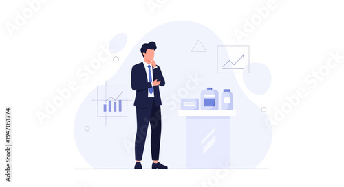 Businessman analyzing product display with charts, thinking about business growth