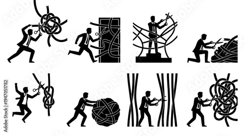 Businessmen struggling to untangle complex knots and solve difficult problems, illustrating challenges and solutions.