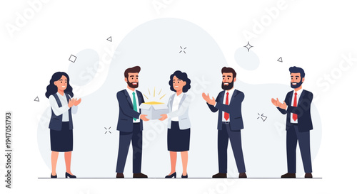 Business people celebrating success and giving a gift award to a colleague