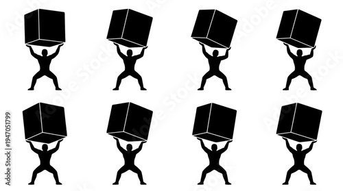 Eight identical black silhouette figures are shown lifting black cubes above their heads in a grid formation.