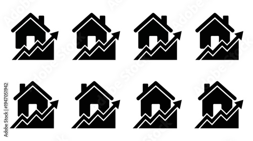 A collection of eight identical black icons depicting a house with an upward trending graph, symbolizing real estate growth or rising property values.