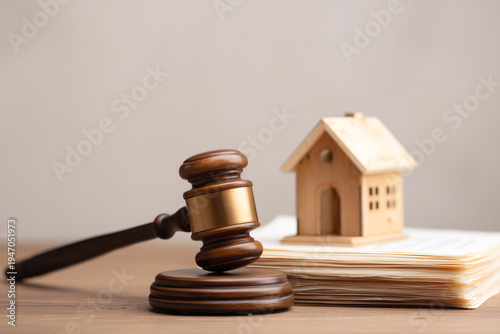 Judge's gavel and small wooden house on stack of documents on desk, close-up; real estate law concept, foreclosure paperwork