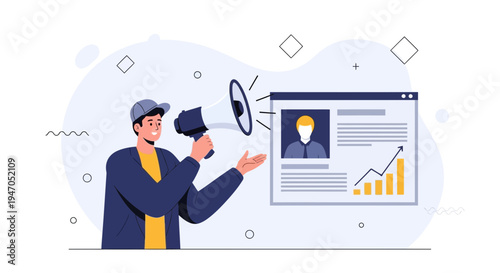 Man with Megaphone Announcing Business Growth and Profile on Screen