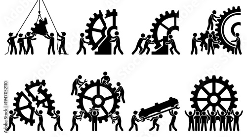 Stick figures working together to assemble large mechanical gears, illustrating teamwork and construction.