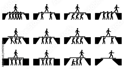 Illustrations showing people forming bridges to help others cross obstacles.
