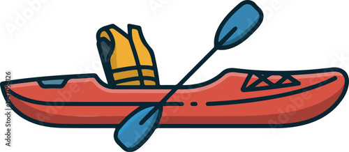 Kayak with paddle and life vest isolated on transparent background ready for adventurous water sports