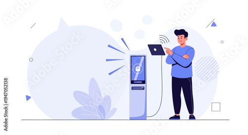 Man Interacting with Smart Kiosk and Tablet, Futuristic Technology Concept