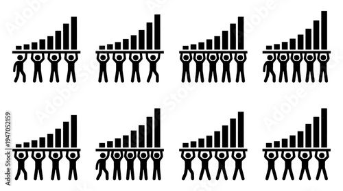 A group of stick figures working together to lift and support a growing bar graph, symbolizing teamwork and collective progress.