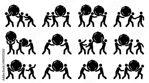 A collection of stick figures demonstrating teamwork and collaboration by lifting and carrying large heavy spheres.