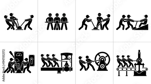 A collection of stick figure illustrations depicting people working together to operate various machines and perform tasks requiring collective effort and teamwork.