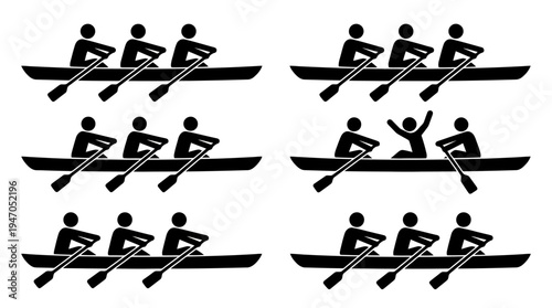 A grid of stick figure illustrations depicting various rowing scenarios, including synchronized teams and one celebrating individual.