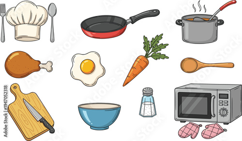 Cooking and Kitchen Tools Icon Set Featuring Chef Hat, Frying Pan, Knife, Carrot, Chicken, and Microwave for Food Preparation Designs