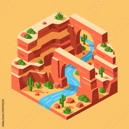Isometric illustration of a canyon landscape with a river flowing through arches and cacti.
