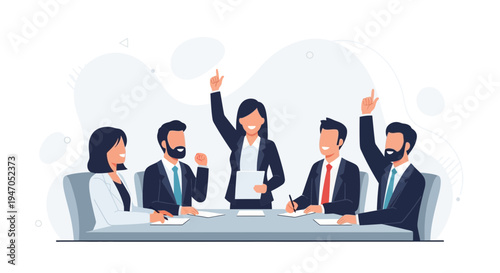 Business meeting with diverse team raising hands, successful collaboration, and idea sharing
