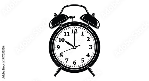 A black and white illustration of a classic alarm clock showing eight o clock
