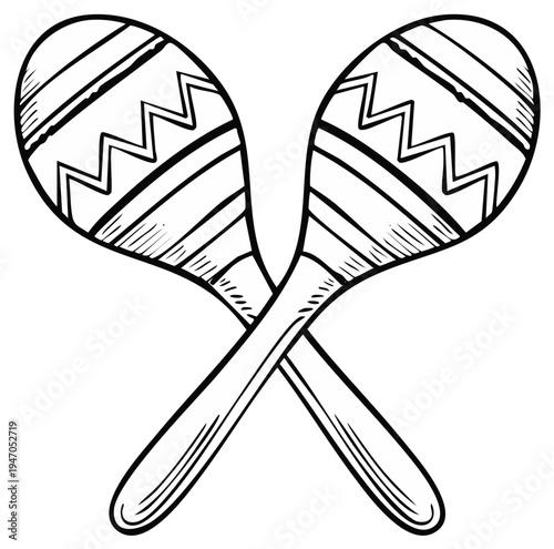 Two Hand Drawn Maracas Crosswise Ethnic Percussion Instrument for Latin Music Culture, Rhythm Shakers, Musical Symbol