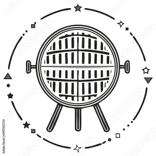 Black and white vector illustration of a barbecue grill and surrounding design elements