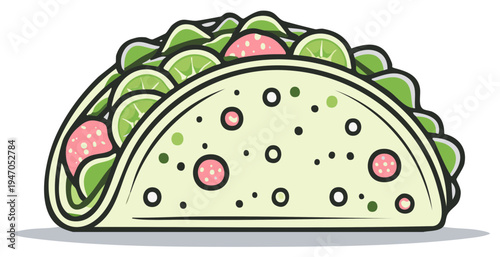 Delicious Cartoon Taco Illustration with Fresh Ingredients and Festive Decorations