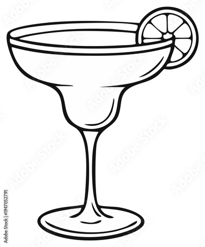 Margarita glass illustration featuring a lemon slice, outlined vector of an isolated cocktail glass