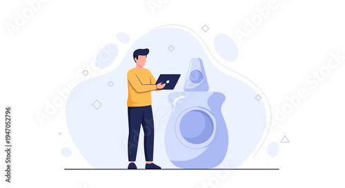 Man with Tablet Controls Smart Washing Machine and Dryer in Modern Laundry Room