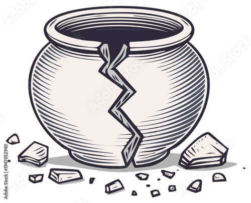 Cracked Clay Pot with Broken Pieces, Ceramic Vessel Repair Failure