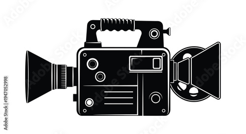 A black and white illustration depicting a vintage professional film camera