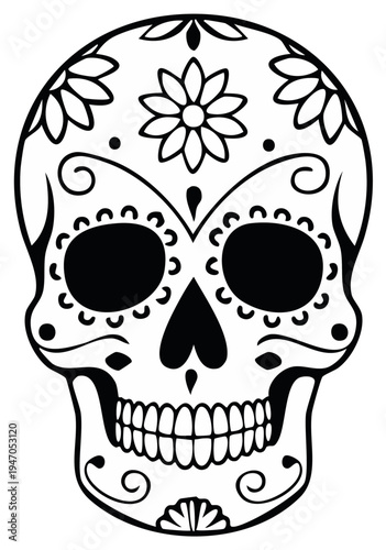 Black and white sugar skull design illustration for Day of the Dead celebration