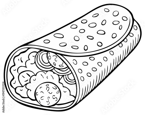 Line Art Illustration of a Loaded Burrito Wrapped in a Tortilla with Fillings Showing